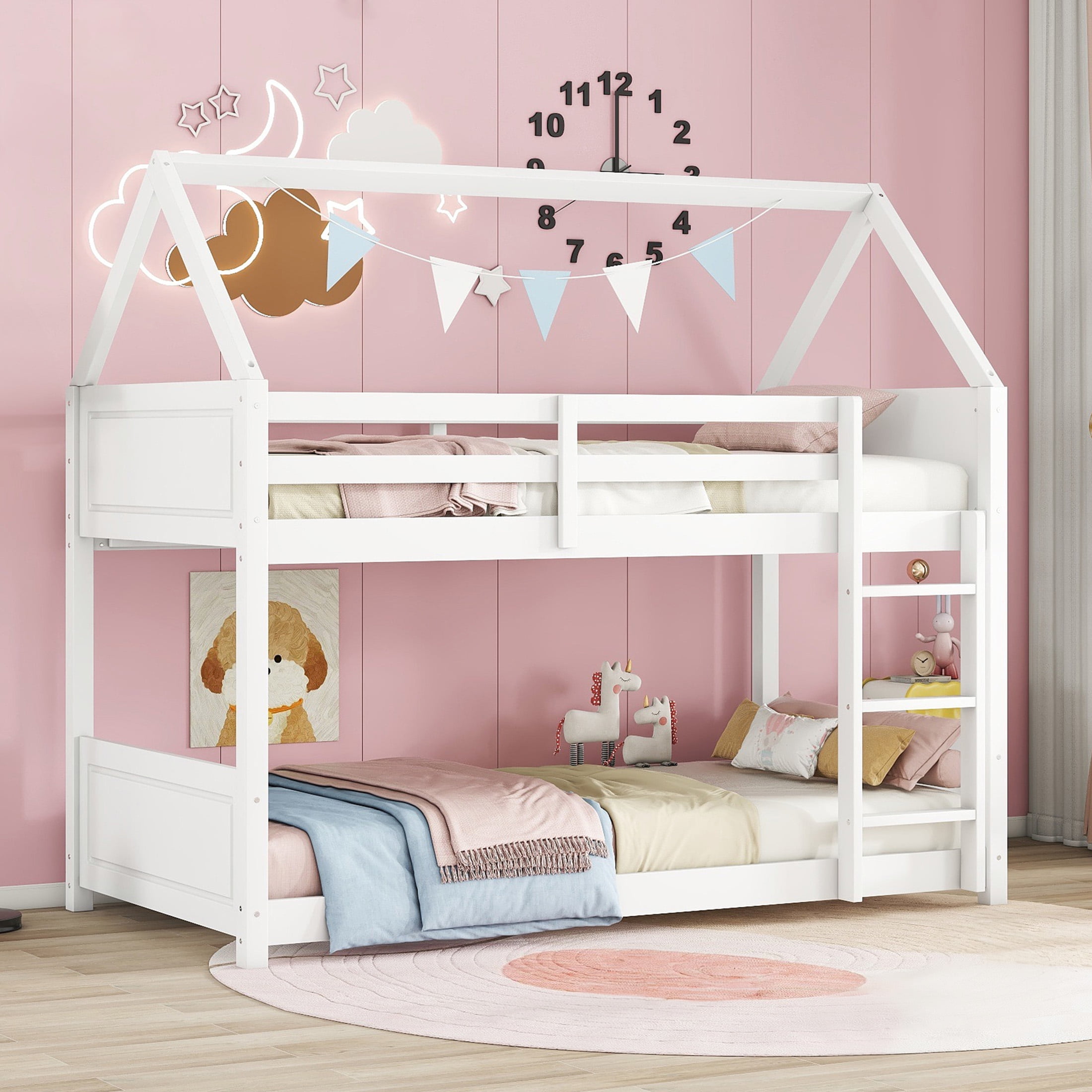 Aukfa Heavy Duty Junior House Bunk Bed with Full-Length Guardrail, Twin Over Twin Bunk Bed Frame, White