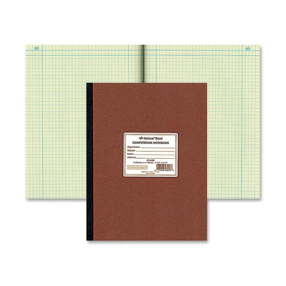 4 X 4 Quad 43648 National Brand Computation Notebook Brown - 1 Pack 11.75 x 9.25 Inches Green Paper 75 Sheets