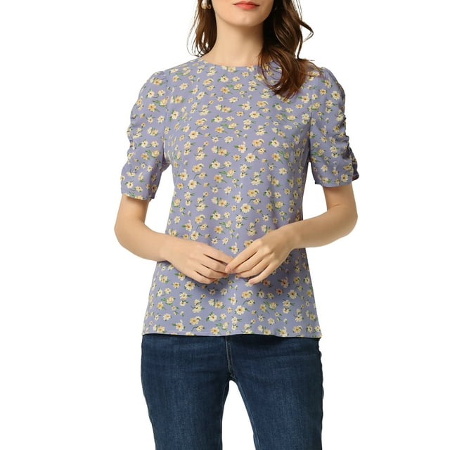 INSPIRE CHIC Hauts Froncés pour Femmes Col Rond Manches Courtes Dos Goutte d'Eau Blouse Florale S Violet Pâle