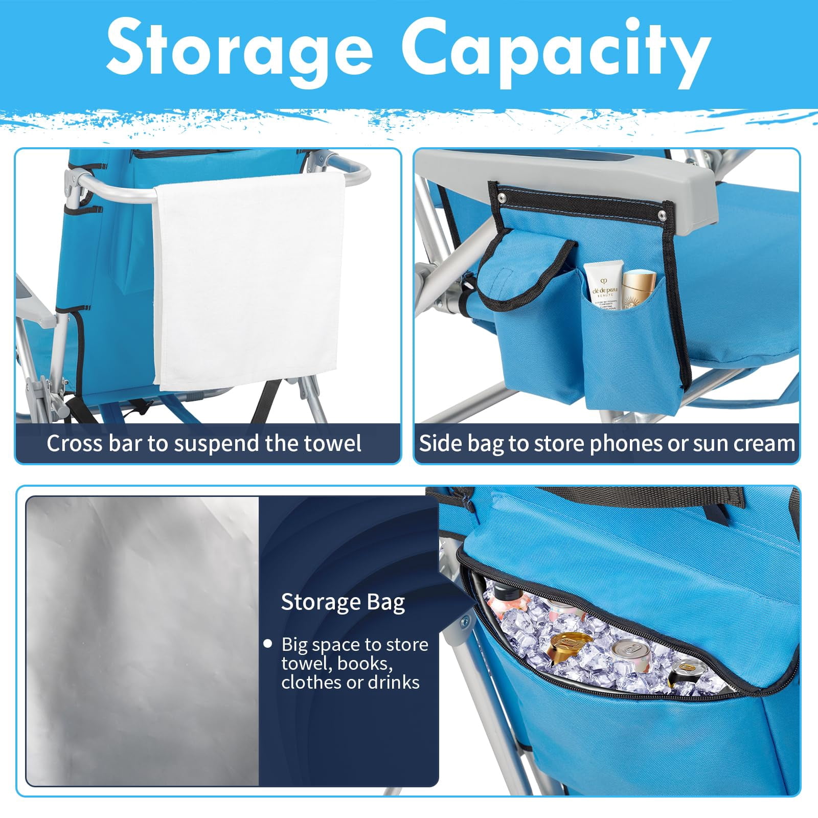 Beach Chairs with 5-Position Recline, 330lbs Folding Backpack Beach Lounge Chairs with Storage Pockets, Cup Holder & Towel Bar, Portable Aluminum Lay Flat Camping Chairs for Travel, Pool & Outdoor