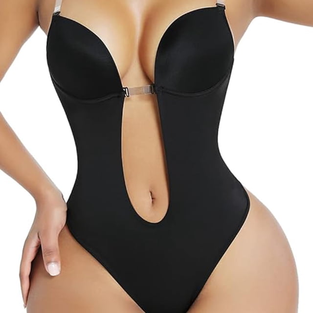 Body moldeador para mujer, escote en V profundo, tirantes transparentes, sin espalda, ropa interior, mono, tanga sin costuras, lencería de una pieza (L)