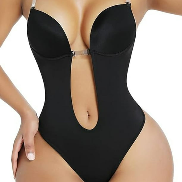Body moldeador para mujer, escote en V profundo, tirantes transparentes, sin espalda, ropa interior, mono, tanga sin costuras, lencería de una pieza (L)