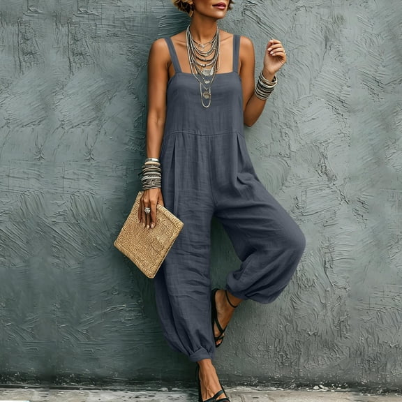 Mifsaly Linen Jumpsuits for Women Sleeveless Square Neck Wide Leg Jumpsuit Casual Summer Vacation Loose Boho Harem Pants with Pockets Dark Gray,XXL