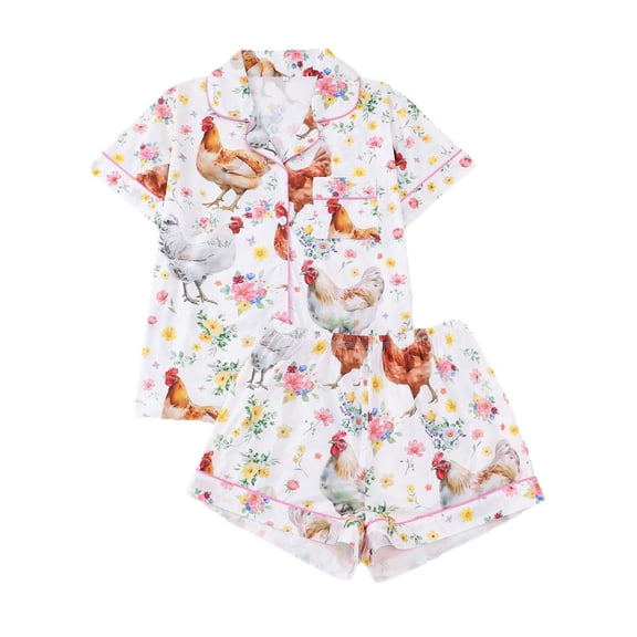 BOOMNY Womens Pajama Set 2 Peice Pajamas for Women Set Chicken Graphic Short Sleeve Buttons Pjs Tops Shorts Sleepwear Outfit Cozy Soft Homewear Loungewear