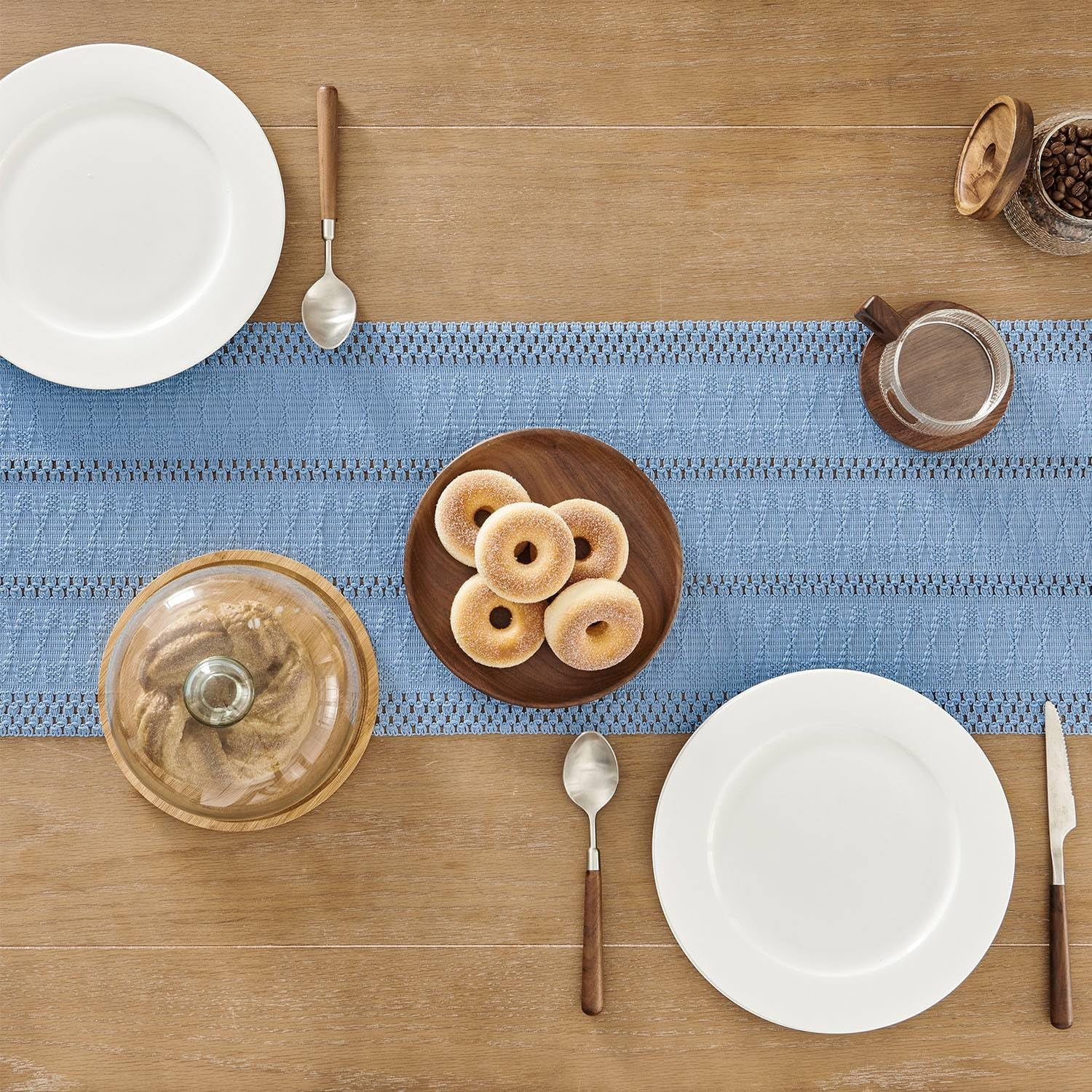 Boho Table Runner, Macrame Style Ivory Table Runners Farmhouse Woven Home Decor, 12x90 Inch, Blue