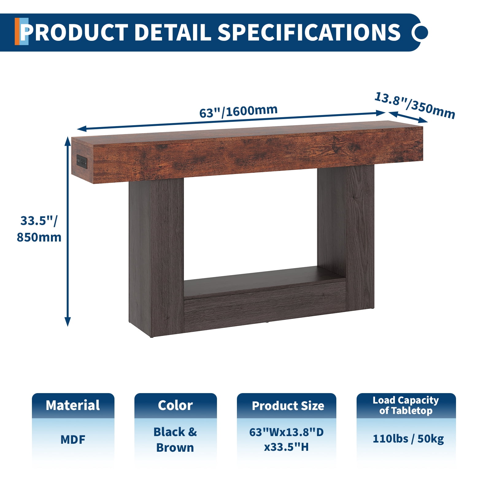 63 Inch Long Console Table with Charging Station, 2-Tier Narrow Entryway Table with USB c Ports & AC Outlets, Farmhouse Sofa Table Behind Couch for Living Room, Hallway, Rustic Brown & Gray