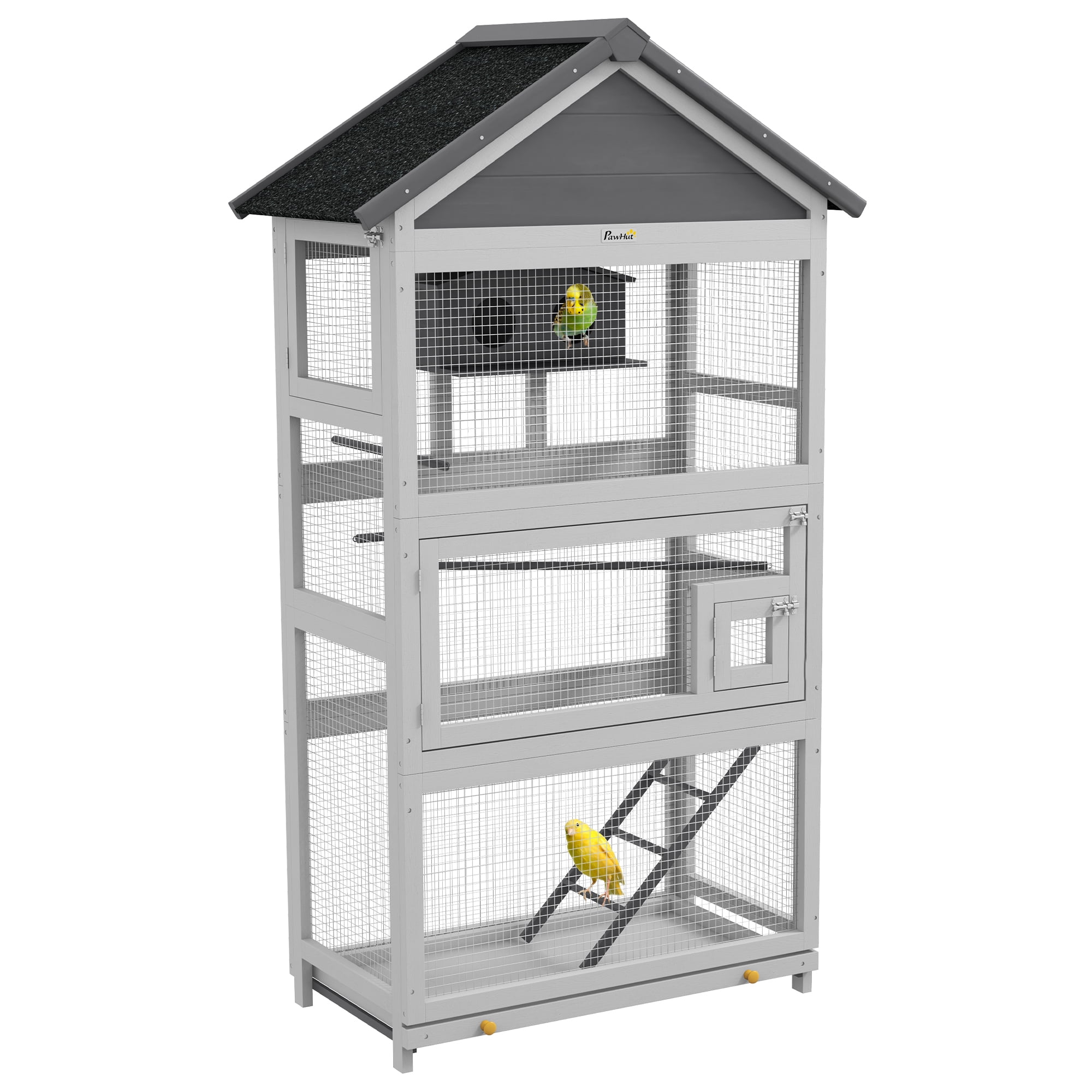 Large Wooden Bird Cage with Stand - Outdoor Aviary for Finches, Parakeets - Gray - 26.5"H x 14.25"W x 8.07"D