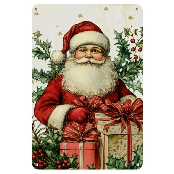 Vintage Santa Claus Metal Wall Sign - 8x12 Inch - Rustic Christmas Decor with Holly & Berries - Ideal Holiday Gift for Homeowners & Collectors, Vintage Christmas Decor