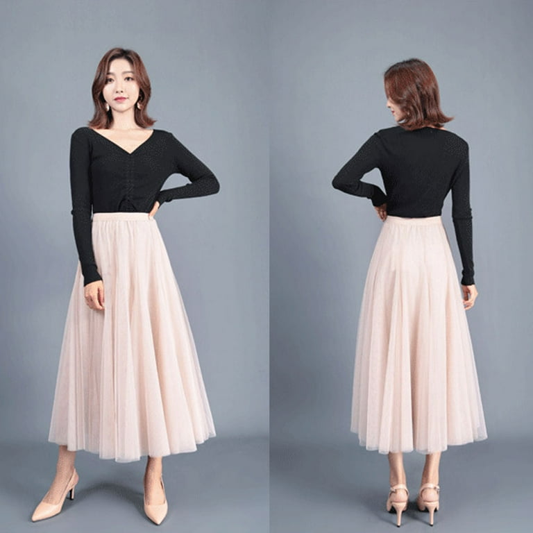 Women Midi Skirt Tulle Skirt Mesh Pleated Elastic High Waist