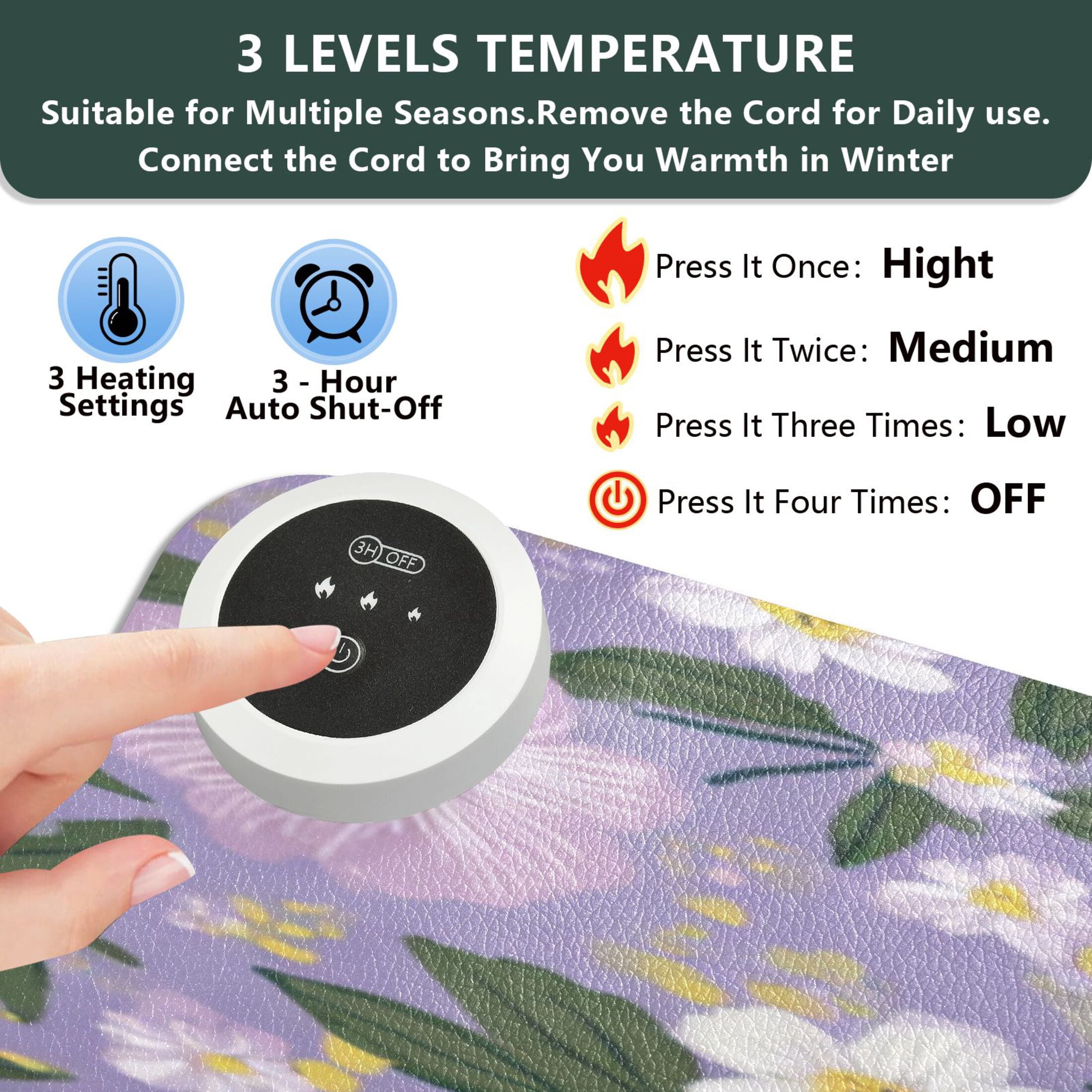 Large Heated Desk Mat Mouse Pad 31.5"x13"PU Leather Graphene Heating Desk Warmer with 3 Temperature Settings 110V US Plug Non-Slip Warm Pad for Home, Office, and Gaming Dainty Floral Seamless Print