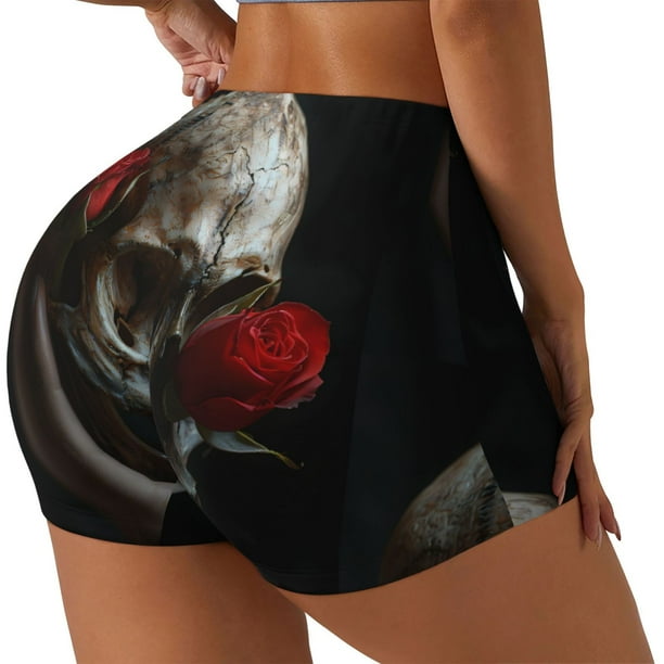 Balery Realistic Rose Skull Pantalones cortos de entrenamiento estampados para mujer, sin costuras, ajustados, para gimnasio, yoga, correr, deportes, ejercicio activo, fitness.-Medium