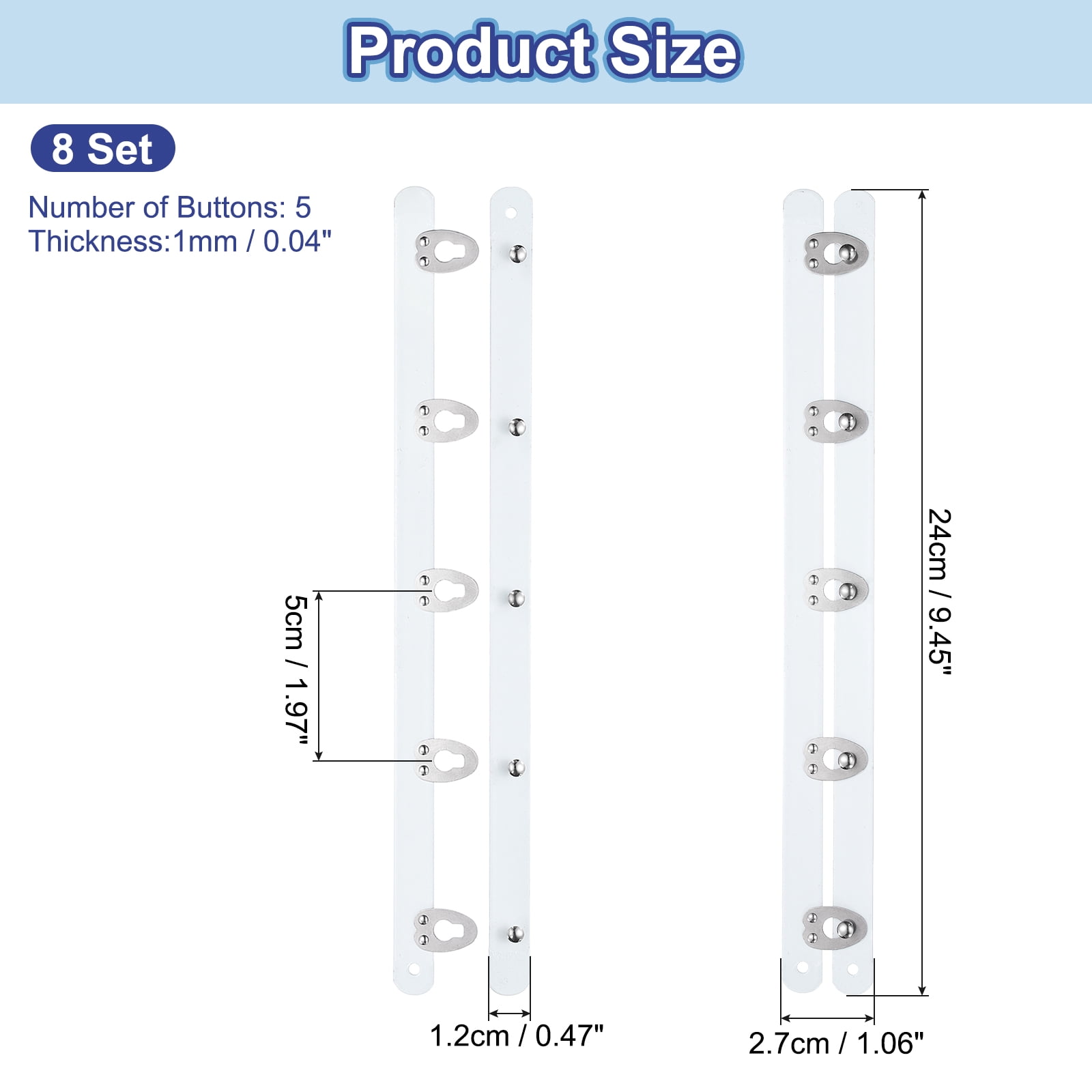 8 Pairs Corset Busk, 9" Metal Spring Steel Boning Support with 5 Buttons 0.5 Width
