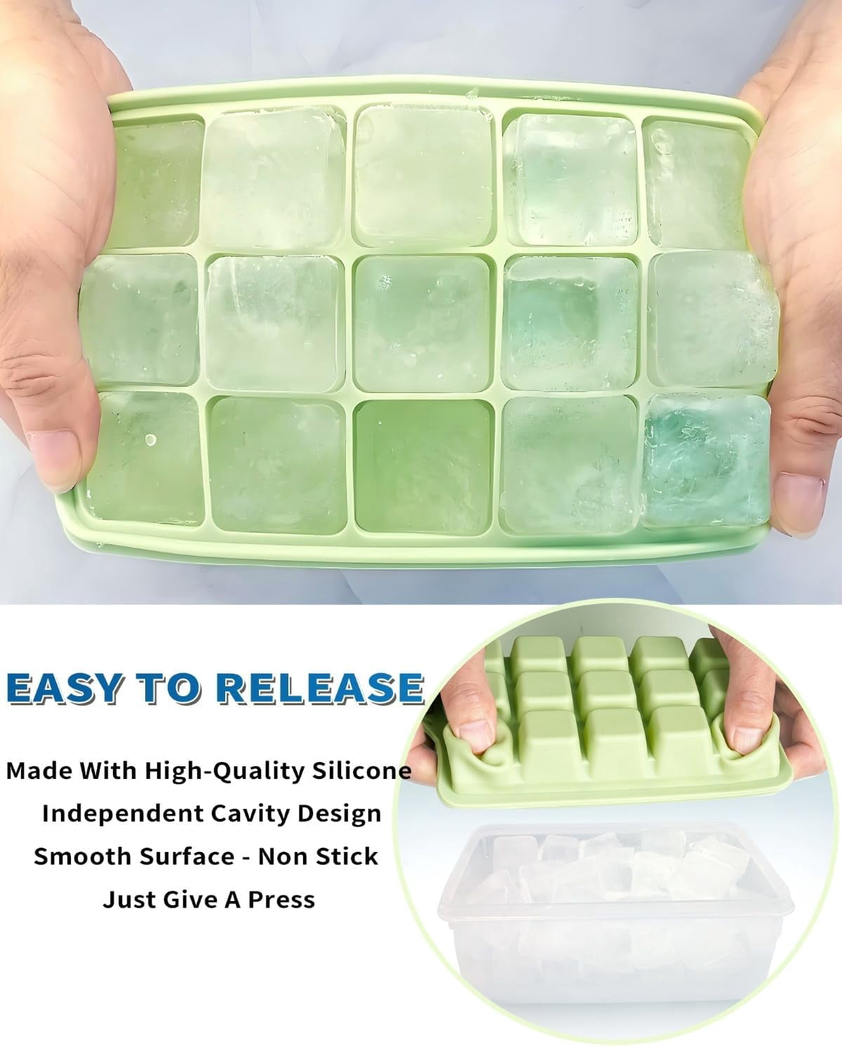 Silicone Ice Cube Tray with Lid and Bin, Easy Release Silicone Ice Cube Trays and Ice container for Freezer with No-Spill Lid, Nice Ice Trays for Coffee,Cocktail, Whiskey.2 Pack