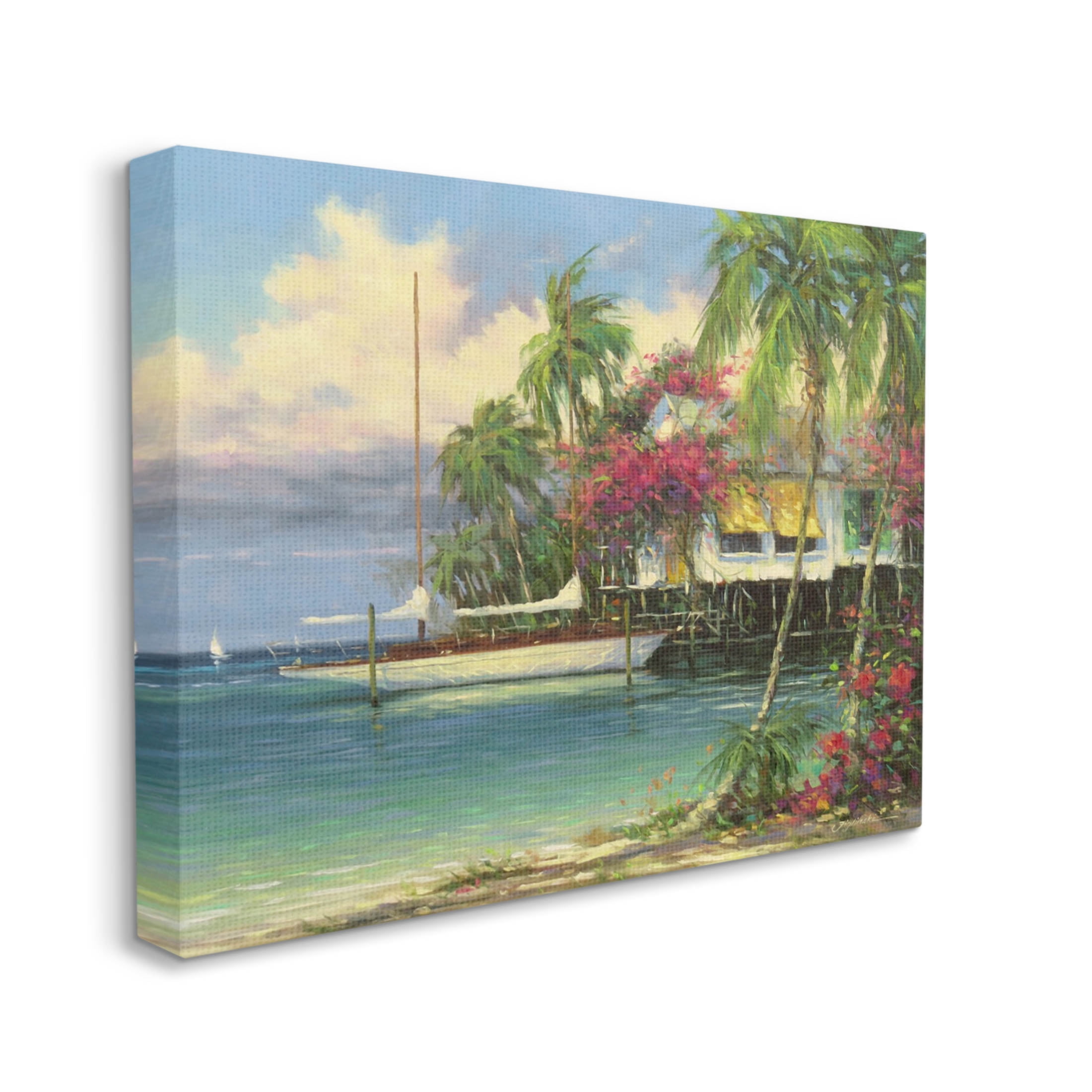 Vacation Waterfront Tropical Pier Coastal Painting Gallery Wrapped Canvas Print Wall Art