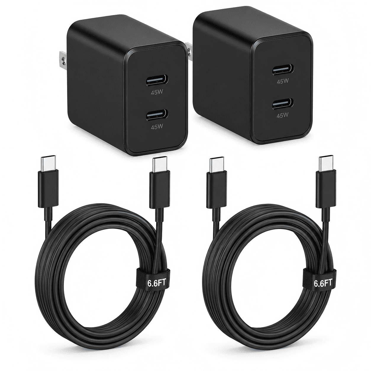 janyone 45W Dual-Port USB-C Wall Charger, 2-Pack with 2 x 6.6 ft USB-C to USB-C Cables, PD 3.0 for Samsung Galaxy S25/S24/S23 Ultra, Black