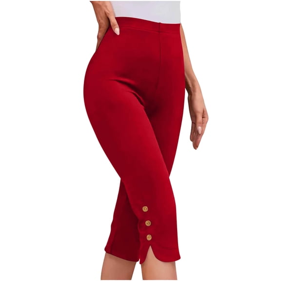 BUIGTTKLOP Capri Leggings for Women High Waisted Yoga Capri Pants Button Side Stretchy Pull on Cropped Trousers
