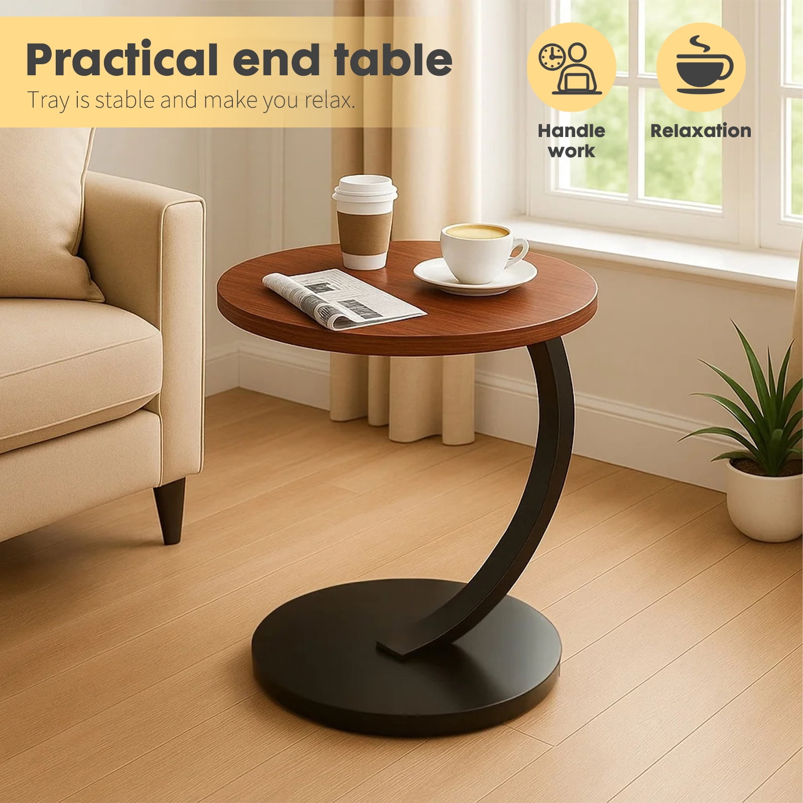 PinkSheep Small Round Side Table End Table Coffee Table Drink Table for Living Room Bedroom, Walnut