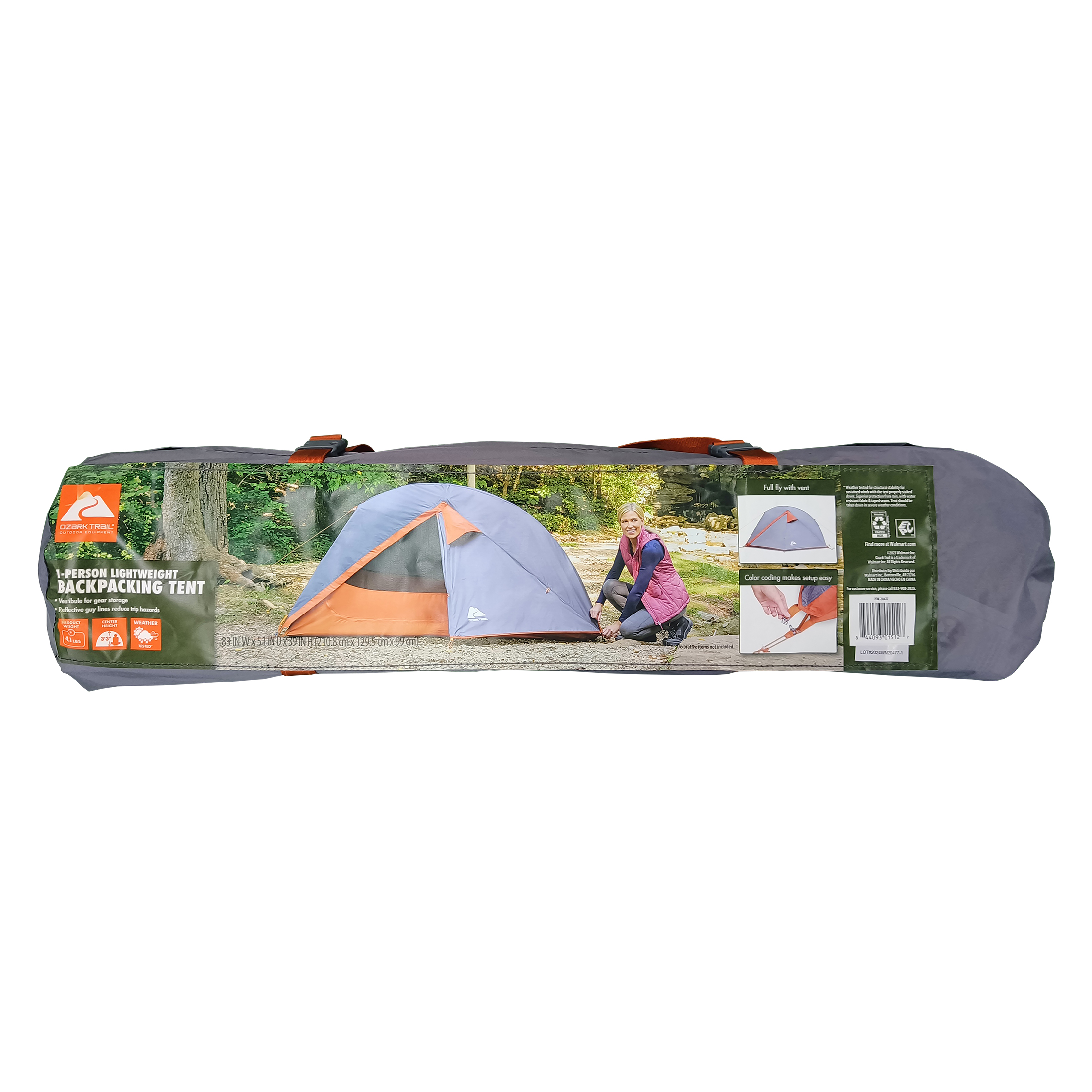 Carpa Ligera para Mochilero de 1 Persona Ozark Trail, 83 x 51 x 39 pulgadas, Peso de Carga 3.65 lb, Gris y Naranja 2