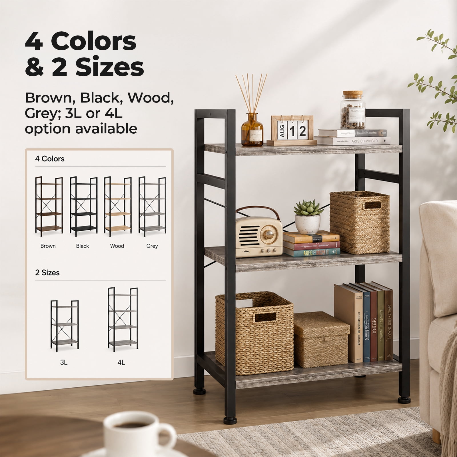Alvantor 3/4-Tier Industrial Bookshelf, Narrow Storage Rack classical-style shelves for living rooms, homes, and offices