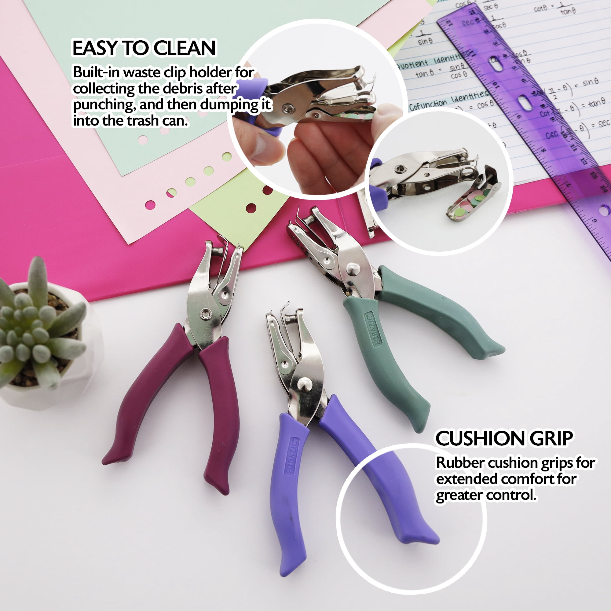 BAZIC Paper Punch 3 Hole 1/4" w/ Soft Grip Chip Tray Holder, 24-Pack