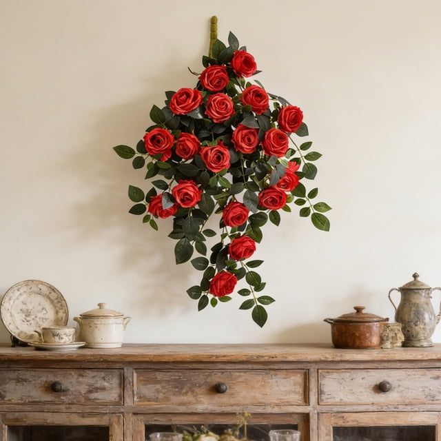 Weloille Vigne Suspendue de Roses Simulées, Couronne Florale, Arrangement de Fleurs de Roses Réalistes, 1 Pce, Décoratif pour Mur, Porte, Fenêtre