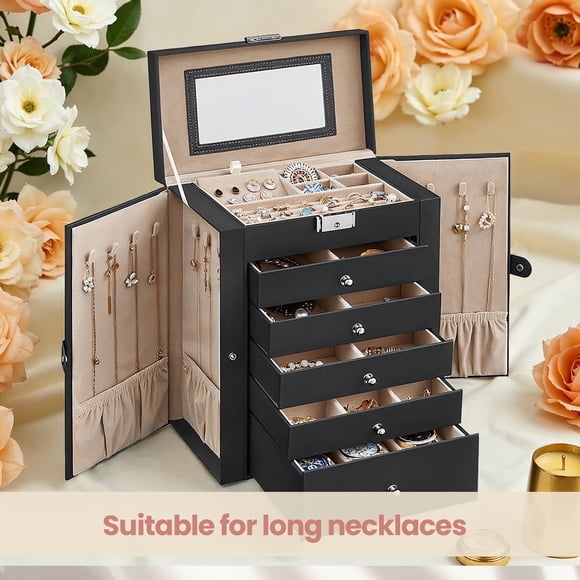 LEDREM Boîte à Bijoux, Réceptacle à Bibelots à 6 Niveaux, Verrouillable avec Miroir, Grand Espace de Rangement, pour Bagues, Colliers