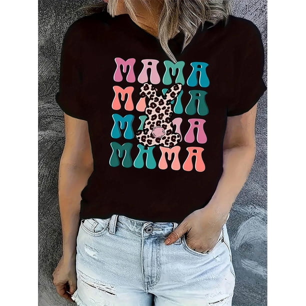 Women's Leopard Print "Mama" Graphic T-Shirt - Casual Round Neck Short Sleeve Tee, Soft & Comfortable Summer Top, Black with Colorful Lettering, Perfect for Casual Attire, Casual Attire Tee | Casual