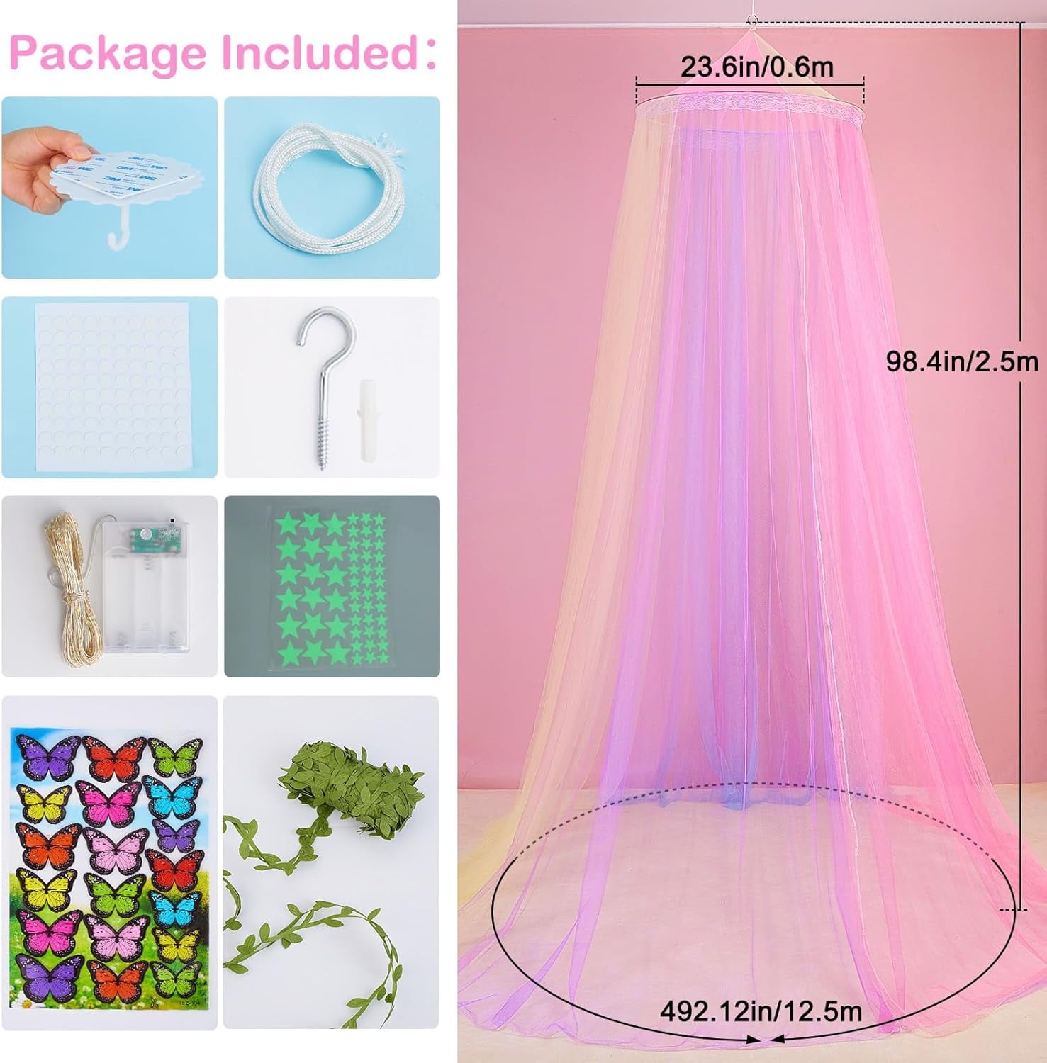 CAILDANL Bed Canopy for Girls Room Bed Canopy Curtains with Led Lights Mosquito Net DIY Princess Room Décor with Stars Butterflies for Kids Bedroom, Hot Pink