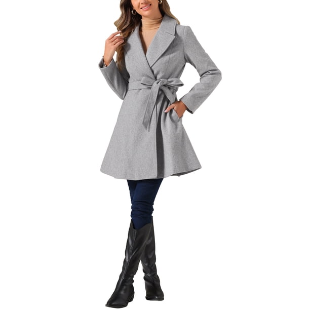 Abrigo elegante Inspire Chic para mujer, con cuello de chal, abrigo largo abotonado de invierno en gris