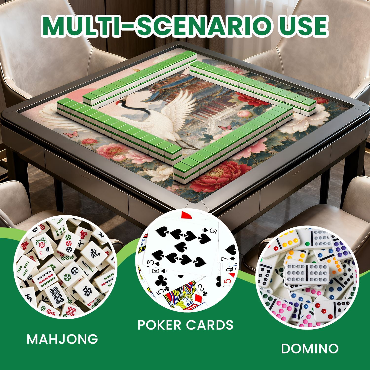 Mahjong Mat 31.5" x 31.5" Graceful Crane Blooming Peony Garden Traditional Pagoda Non-Slip Noise Reduction Chic Portable Gaming Table Cover for Family Game Night & Gift