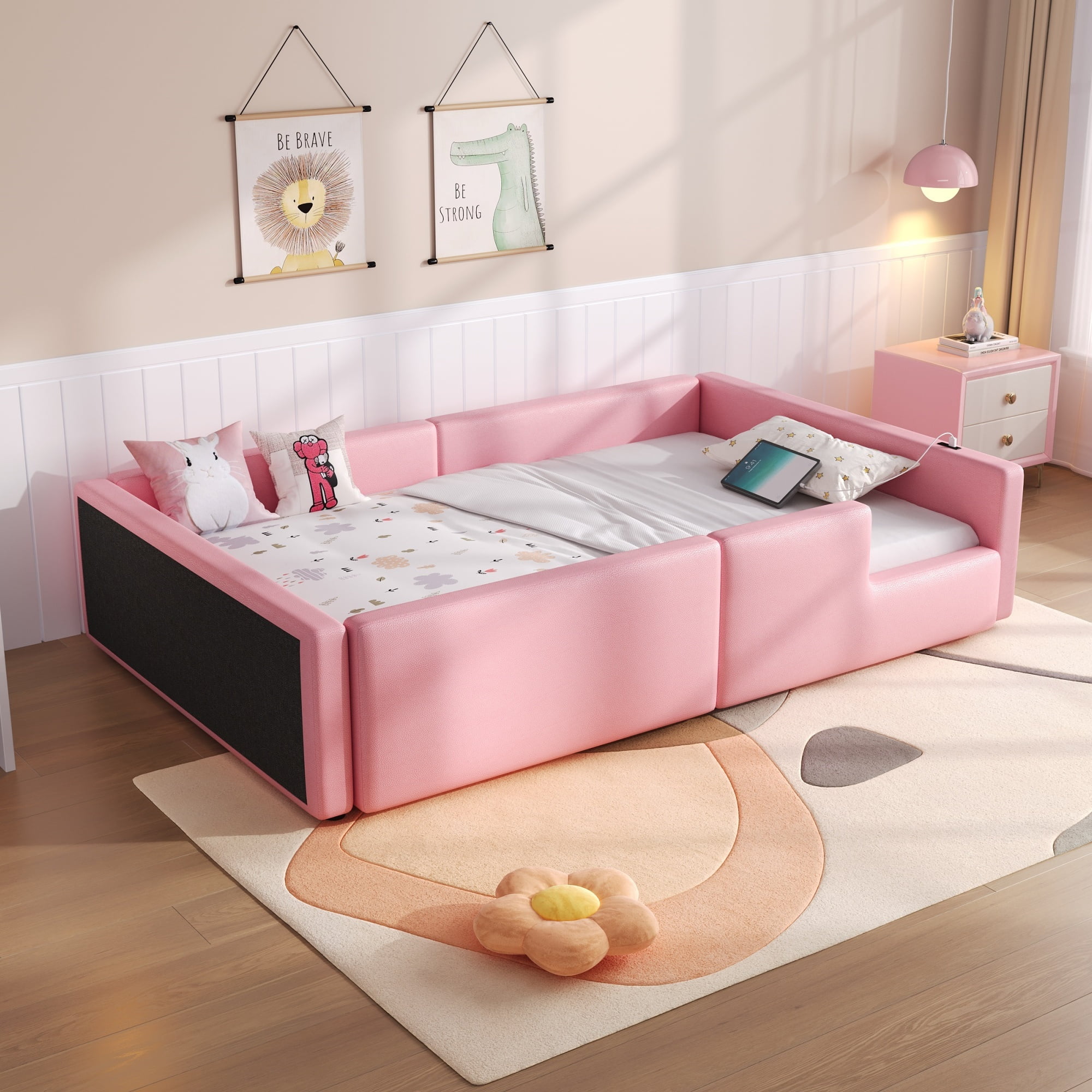 Euroco Upholstered Twin Size Platform Bed,Floor Daybed with USB Charging Station for Kids and Toddler
