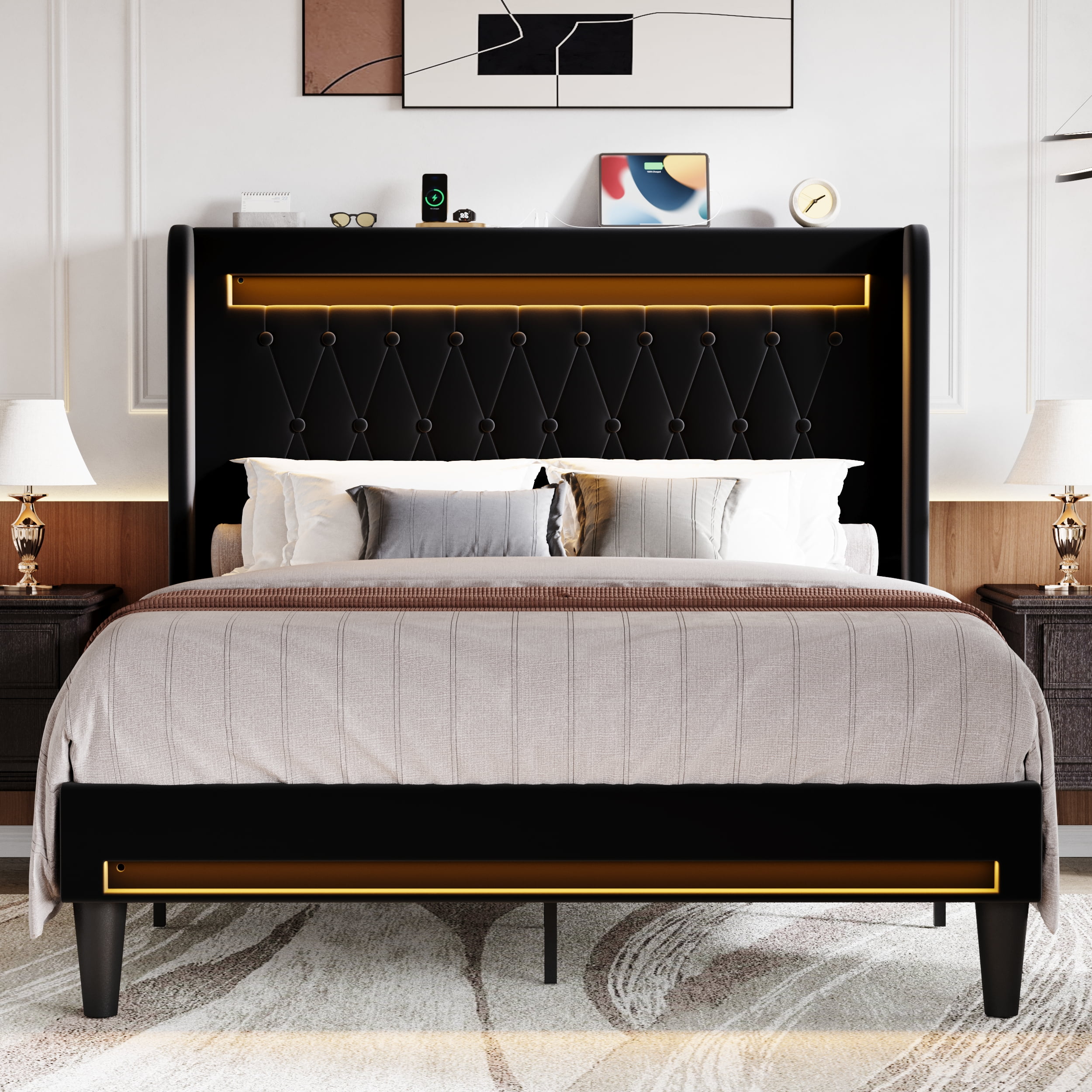 Amolife Queen Size LED Bed Frame, Upholstered Velvet Platfrom Bed with Charging Station, High Wingback Headboard & 2 Lights, No Box Spring Needed, 900 LBS Capacity, Black