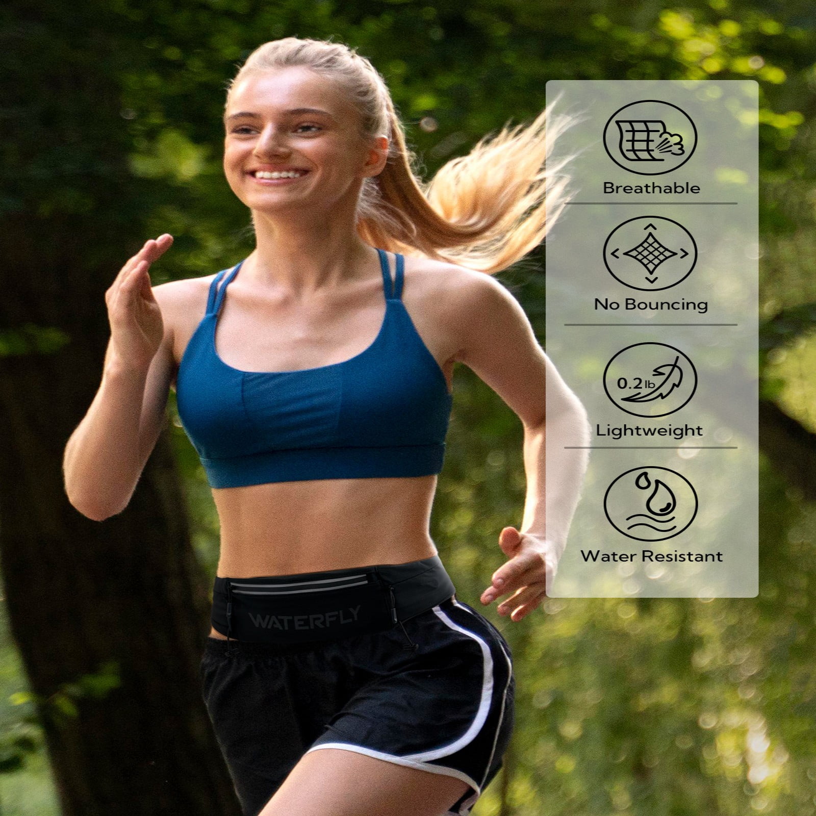 WATERFLY Unisex Adjustable Sports Jogging Fitness Nylon Running Waist Belt Elastic Band,Black
