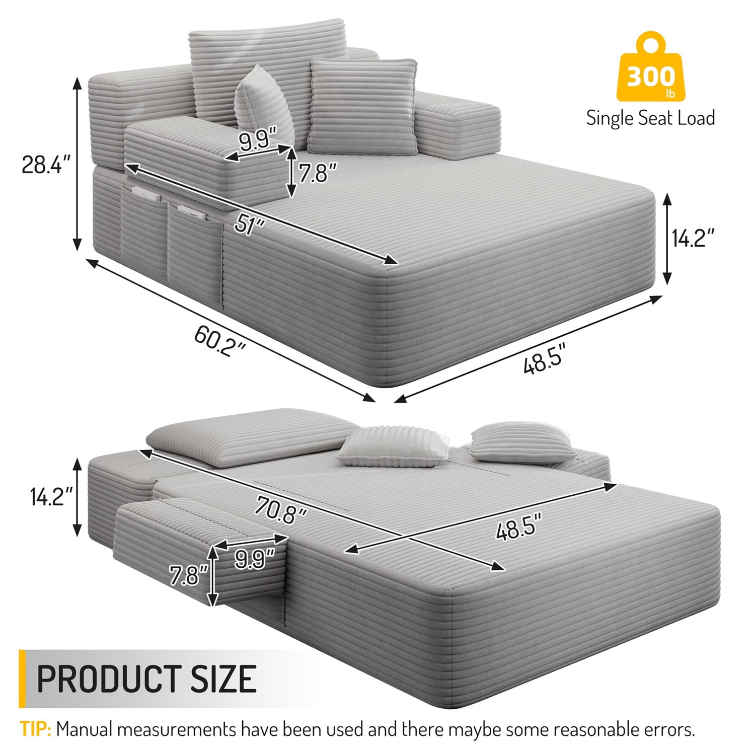 Hommoo Luxurious Plush Corduroy Chaise Lounge with 3 Pillows & Storage Pocket, Convertible Sofa Couch Bed Sleeper with Frameless Design & Compression Foam, Light Grey