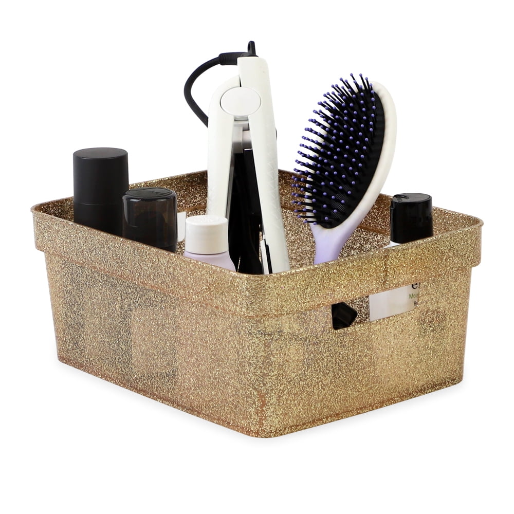 Isaac Jacobs 4-Pack Small Gold Glitter Storage Bin Set with Cut-Out Handles, Plastic Organizers