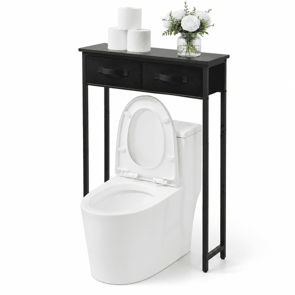 Black 2-Tier Over The Toilet Storage Cabinet With Fabric Drawers, Freestanding Bathroom Space Saver