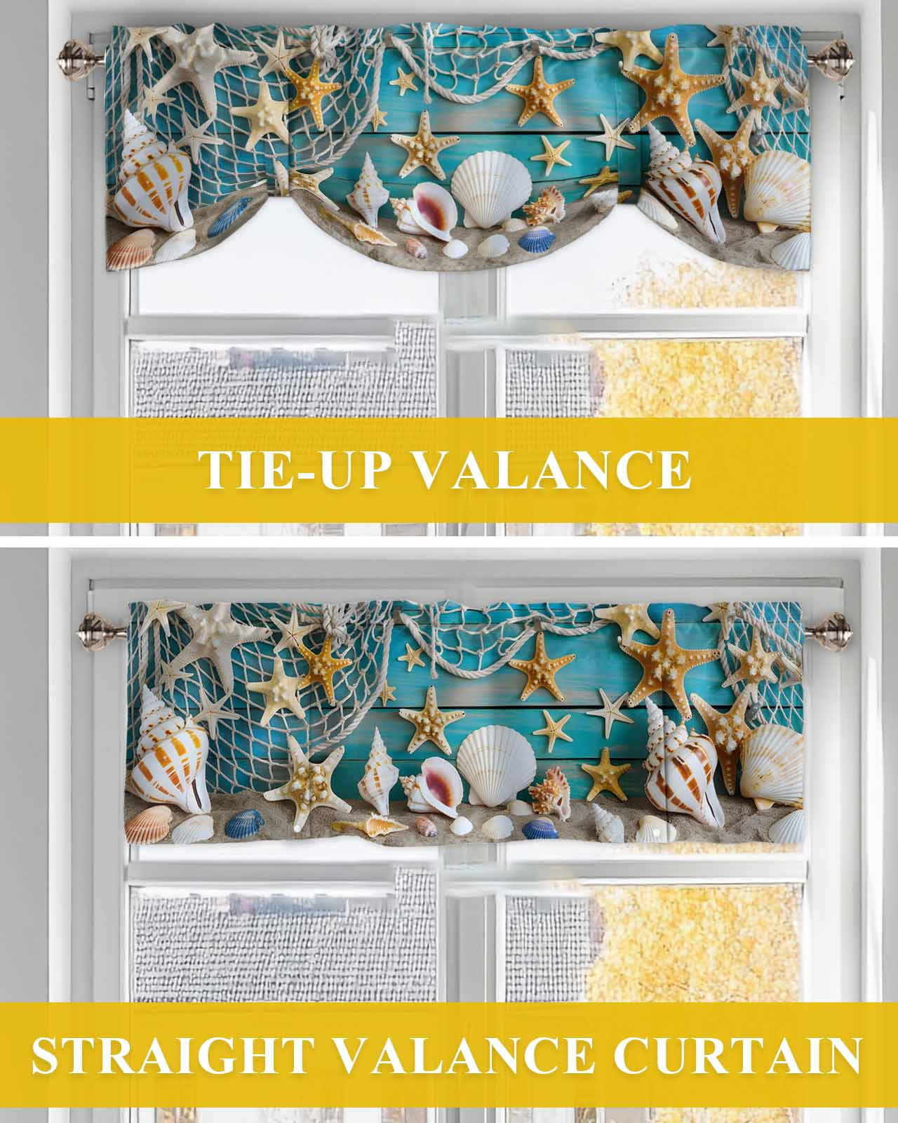 Coastal Beach Tie Up Valances Curtain, Adjustable Kitchen Conch Starfish Valances for Windows Decor, Rod Pocket Short Curtains Set for Bedroom/Bathroom, 60"x18"