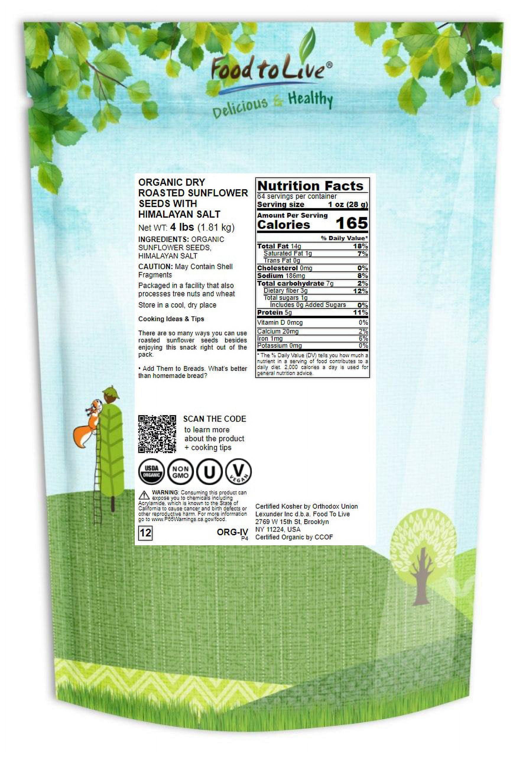 Organic Dry Roasted Sunflower Seeds with Himalayan Salt, 4 Pounds — Non-GMO, Kosher, Raw, Vegan — by Food to Live