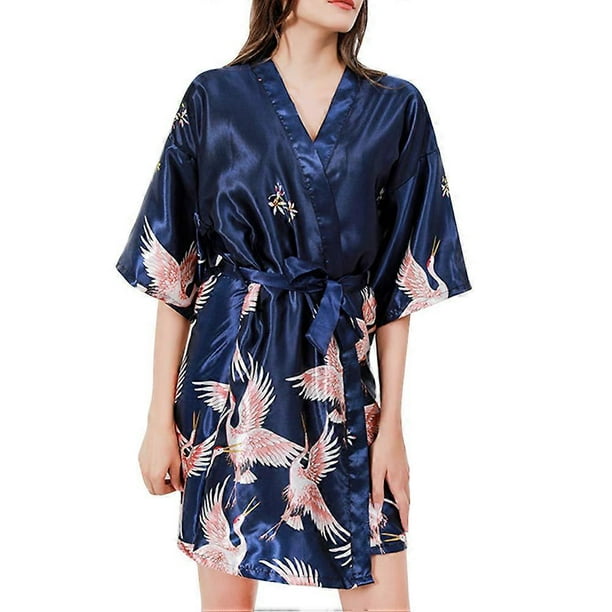 Fashionable Nightgown Artificial Silk V Collar Nightdress Adjustable Belt Sexy Robes Sleepwear For Ladies (Size L Navy Blue)