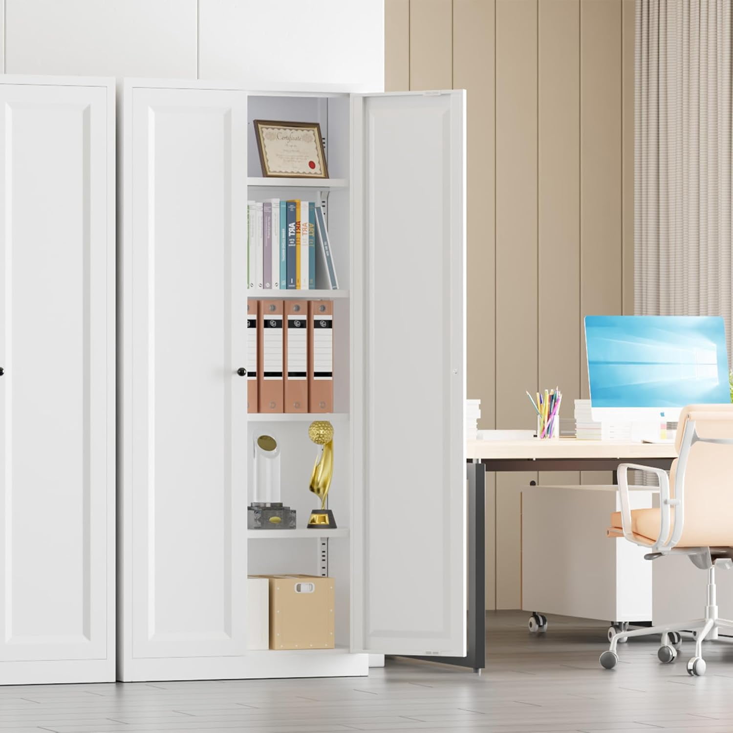 SOLAURA 63" H Modern Metal Kitchen Pantry Cabinet, Pantry Storage Cabinets with 4 Adjustable Shelves for Kitchen, Living Room, Bedroom, Dining Room, Home(White)