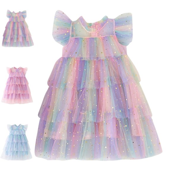 Bmisegm Toddler Dress Holiday Flutter Sleeve Gradient Tiered Tutu Dress Star Decor Back Button Casual Girls Dresses 2-3 Years