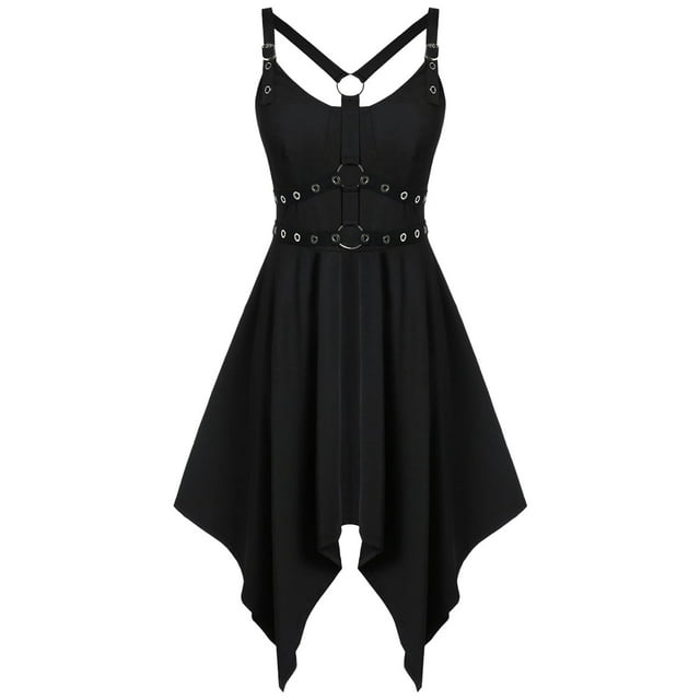 LSLJS Robe Punk Gothique pour Femme Style à Bretelles Sans Manches Épaules Dégagées Robe Mi-Longue, Robe Gothique