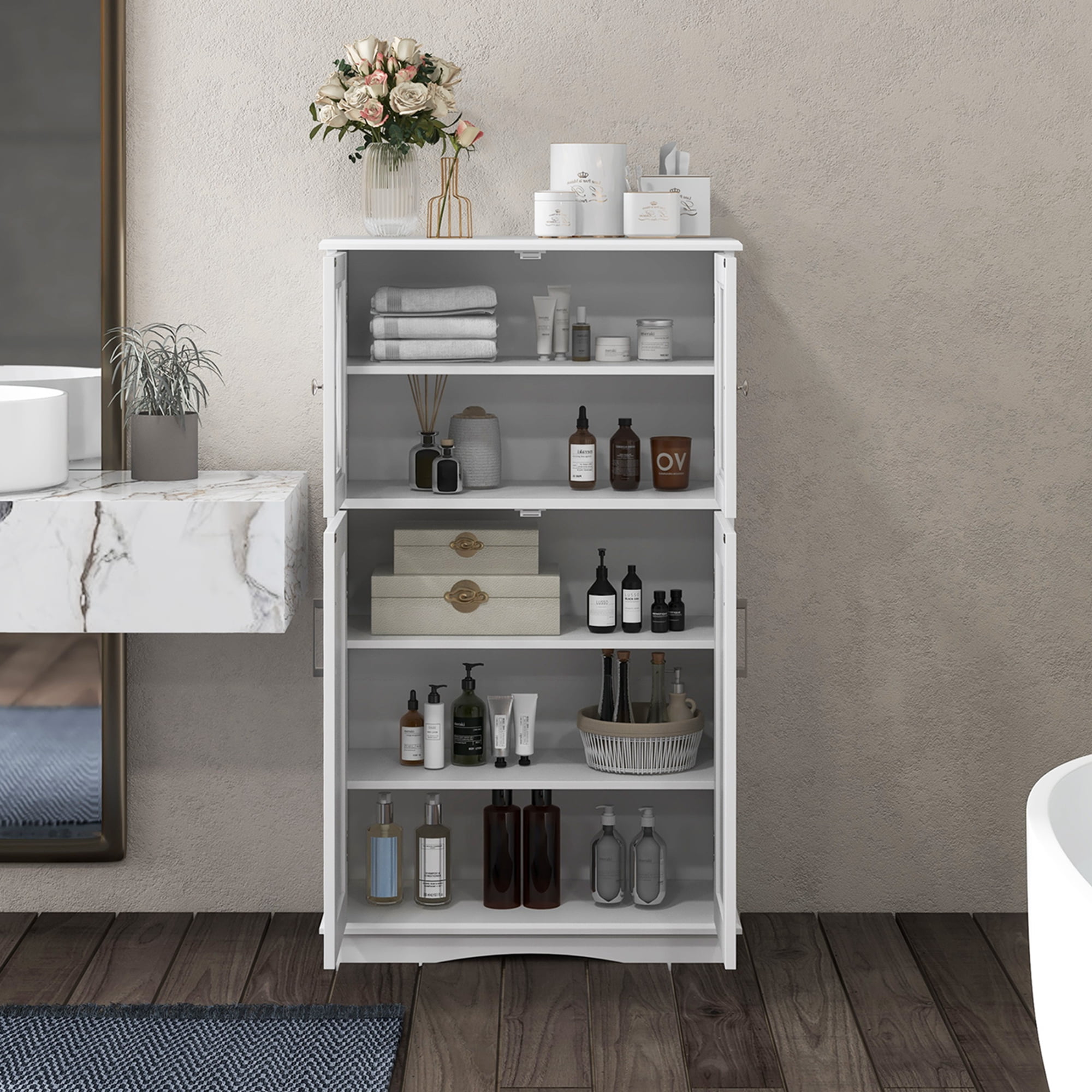Costway Bathroom Storage Cabinet Linen Storage Cabinet with Doors and Adjustable Shelves White