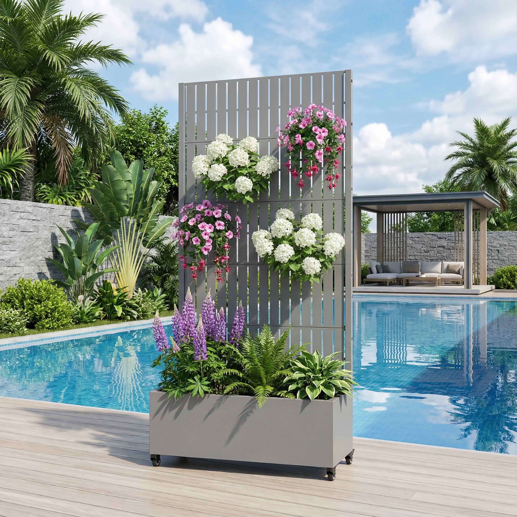 MAYEERTY 72X35" Metal Outdoor Gray Privacy Screen with Planter Box for Backyard & Garden, 5 Piece Set