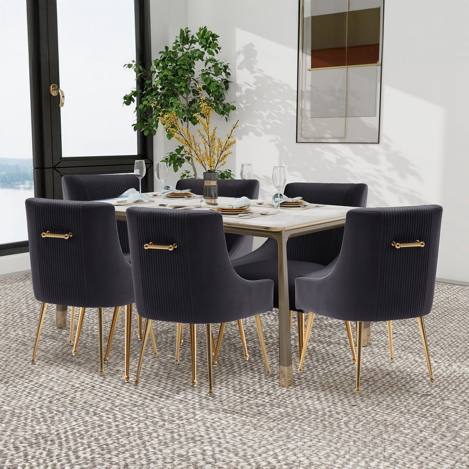 SEYNAR Modern Velvet Dining Chairs Set of 6, Upholstered Barrel Pleated Side Accent Chair for Bedroom,Living Room（Black）