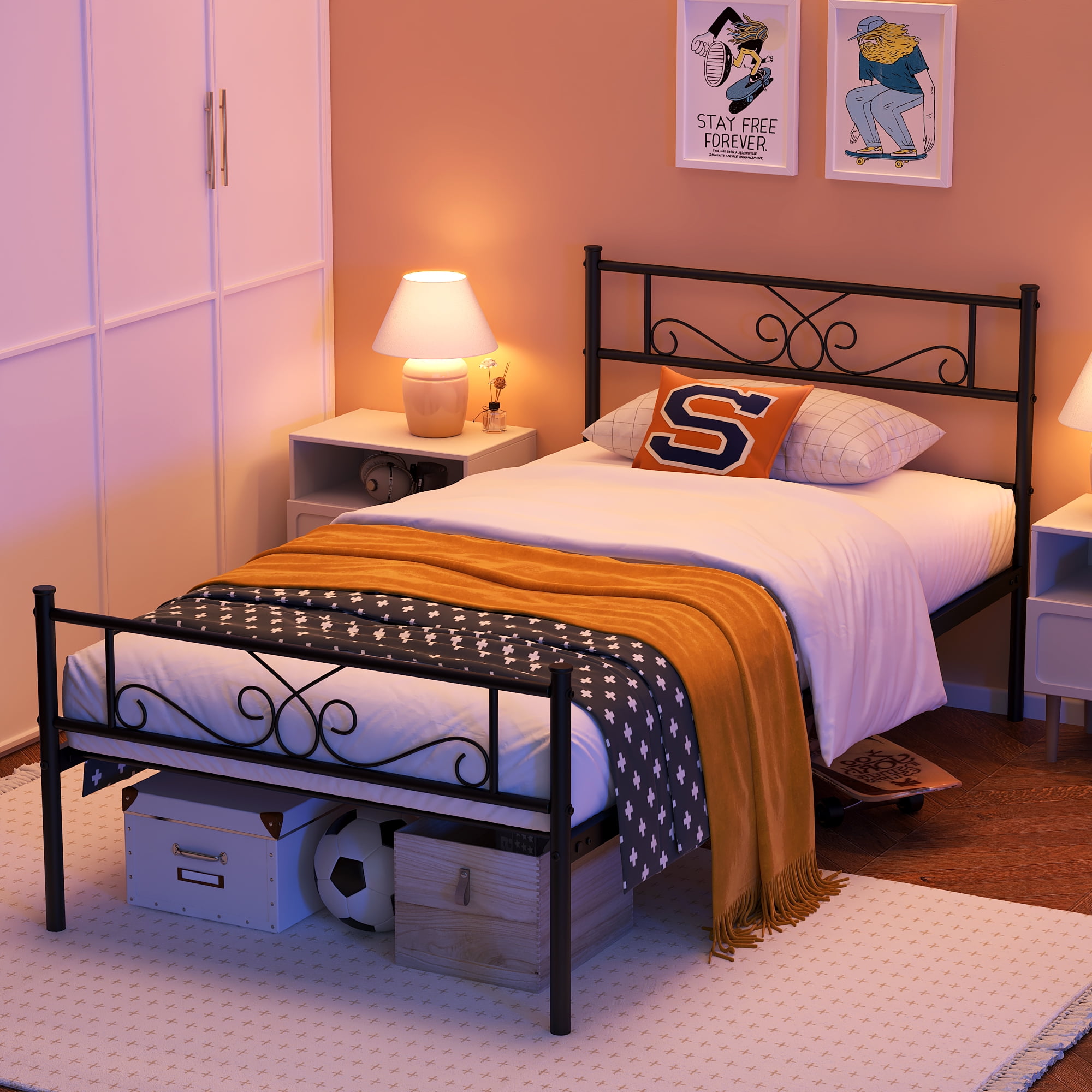 Yoneston Twin Size Metal Platform Bed Frame with Headboard, 12.7” Single Bed Frame for Kids, Teens Bedroom, Black