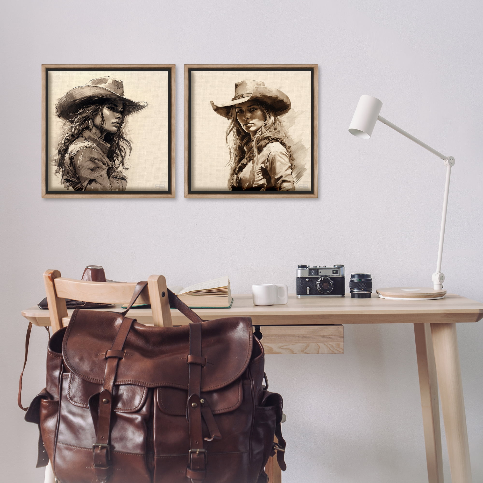 Stupell Industries Trendy Cowgirl Beauties People Painting Brown Floater Framed Canvas Art Print Wall Art, 18 x 18, Set of 2