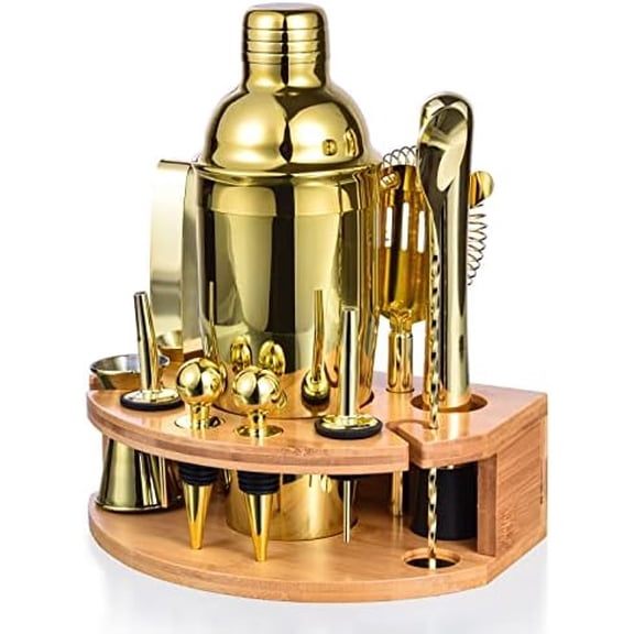 Bartender Kit with Stylish Bamboo Stand, 12 Piece 25oz Cocktail Shaker Set for Mixed Drink, Professional Stainless Steel Bar Tool Set, Gift for Man Dad- Cocktail Recipes Booklet (Gold)