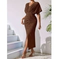 thumbnail image 5 of Womens Metallic Faux Wrap Cocktail Dress Solid Color V-Neck Pleated High Slit Short Sleeve Midi Dress Coffee Color XL, 5 of 7