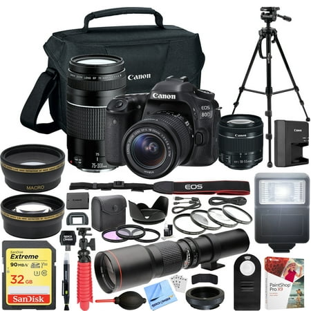 Canon EOS 80D Digital SLR Camera with EF-S 18-55mm f/3.5-5.6 + EF 75-300mm f/4-5.6 III Dual Lens Kit + 500mm Preset f/8 Telephoto Lens + 0.43x Wide Angle, 2.2x Pro